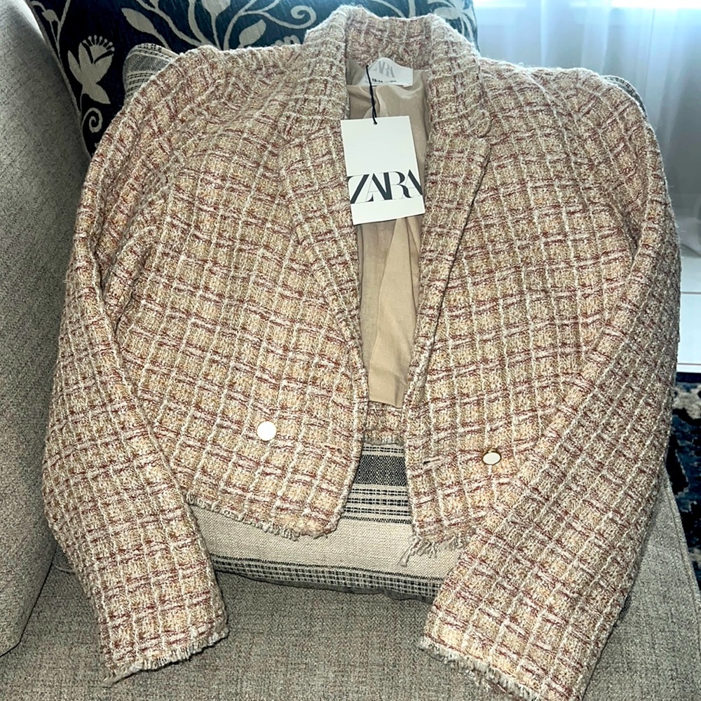 Zara Frayed Textured Crop Blazer size 13-14